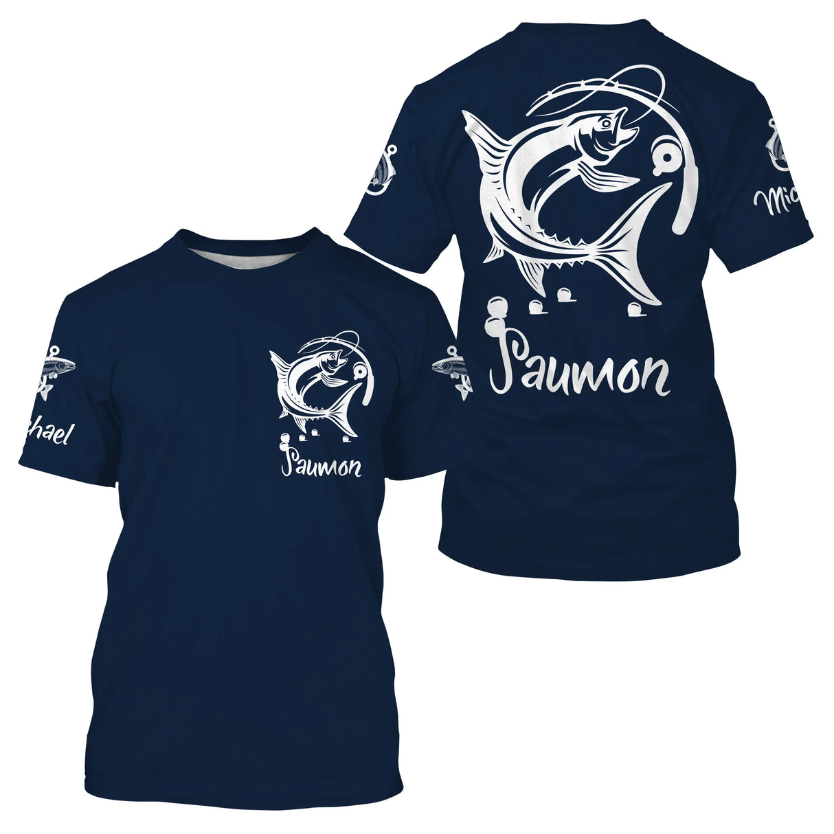 T-shirt col rond pêche saumon bleu marine lettrage Saumon en blanc