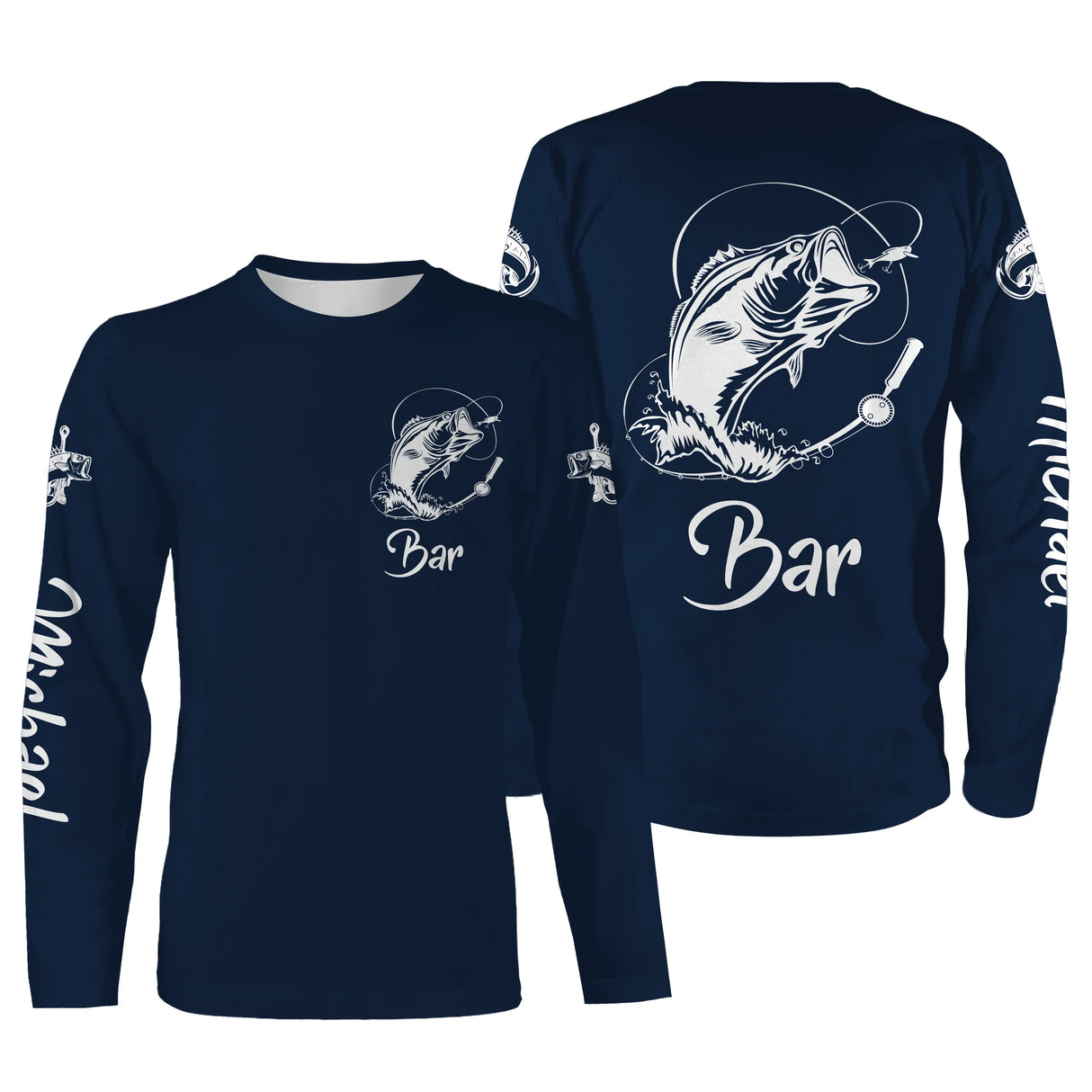 Sweat capuche pêche bar bleu marine avec bar stylisé blanc