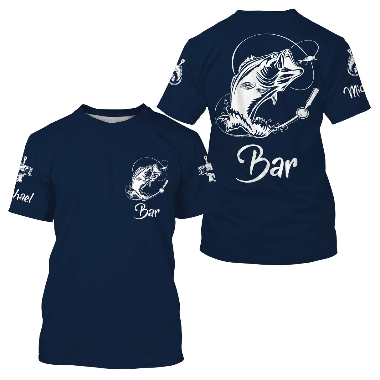 T-shirt col rond pêche bar bleu marine lettrage Bar en blanc