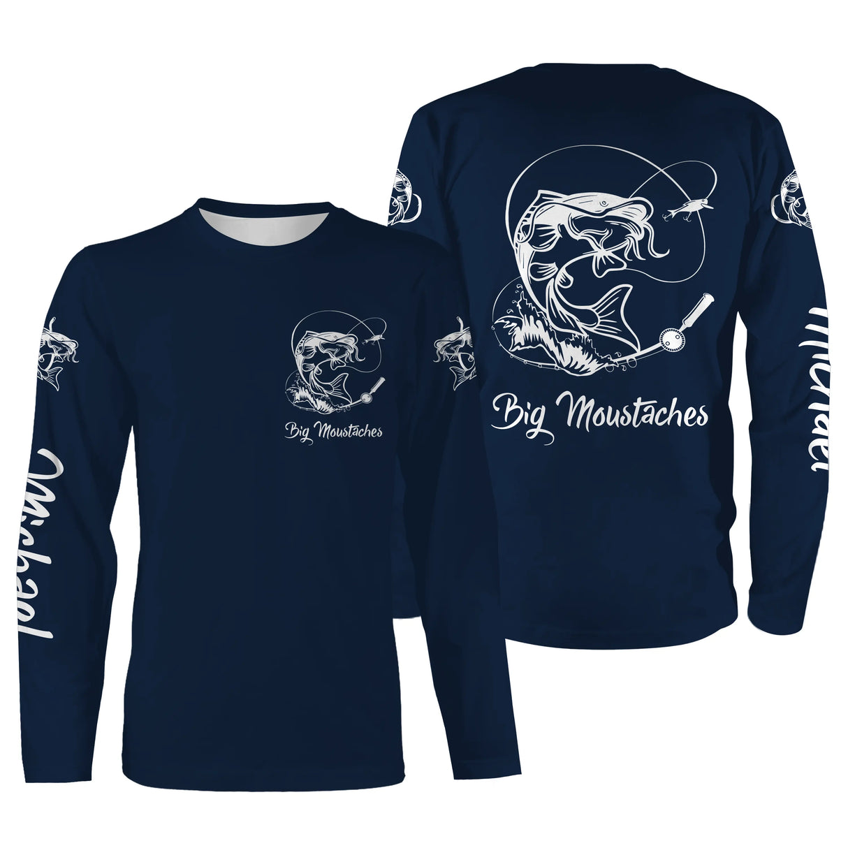 Sweat capuche pêche silure bleu marine avec barbillons stylisés et lettrage blanc