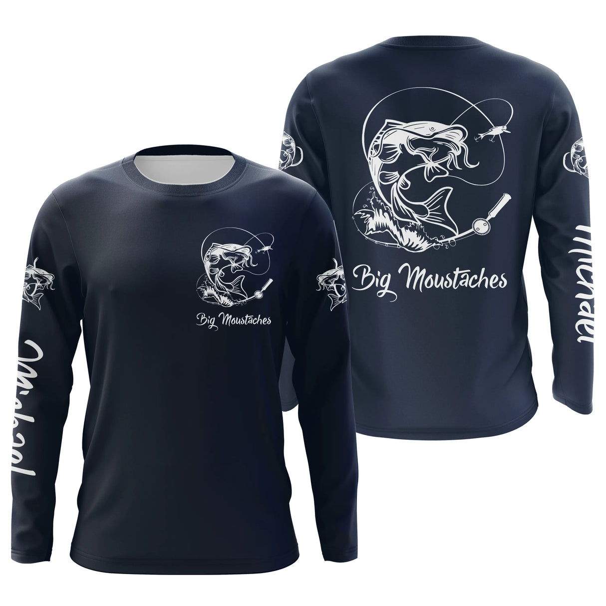 Manches longues anti-UV pêche silure bleu marine prénom personnalisé sur manche Big Moustaches