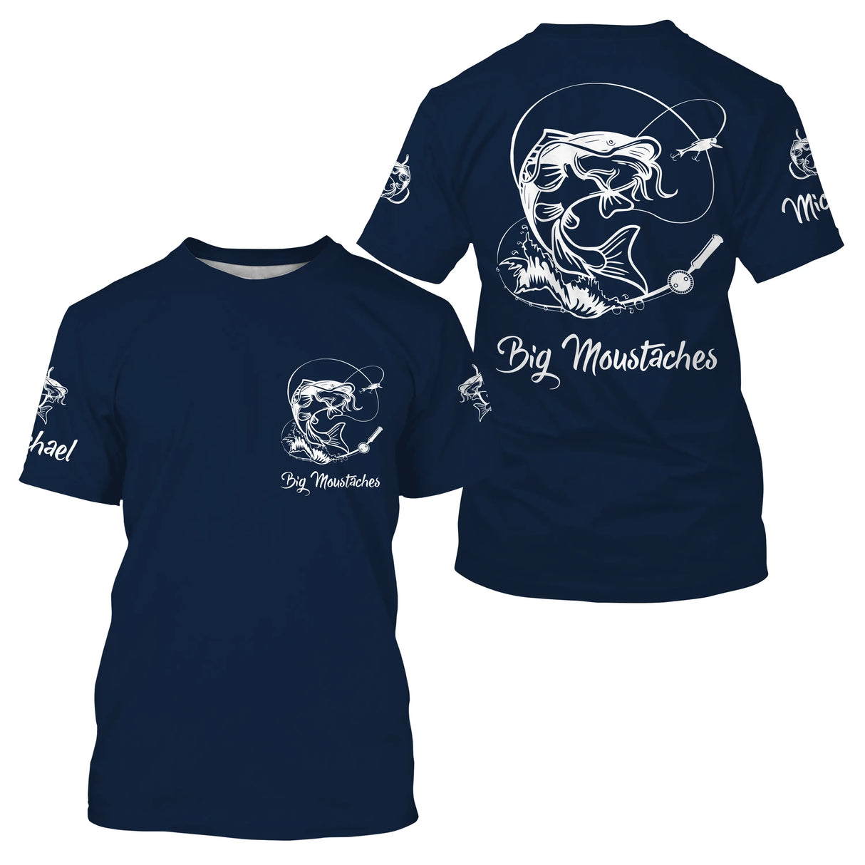 T-shirt col rond pêche silure bleu marine silure blanc Big Moustaches