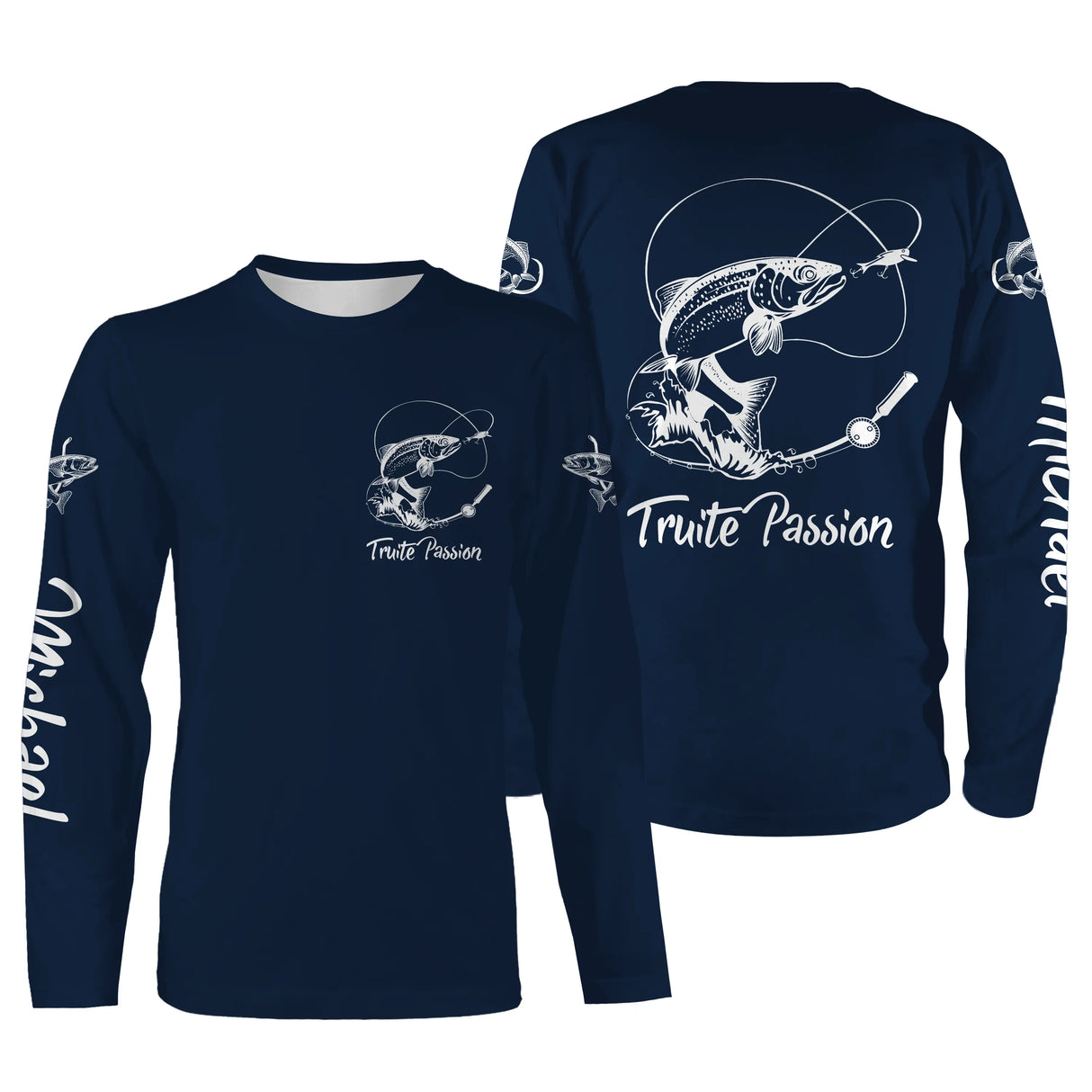 Sweat capuche pêche truite bleu marine avec truite et lettrage blanc Truite Passion