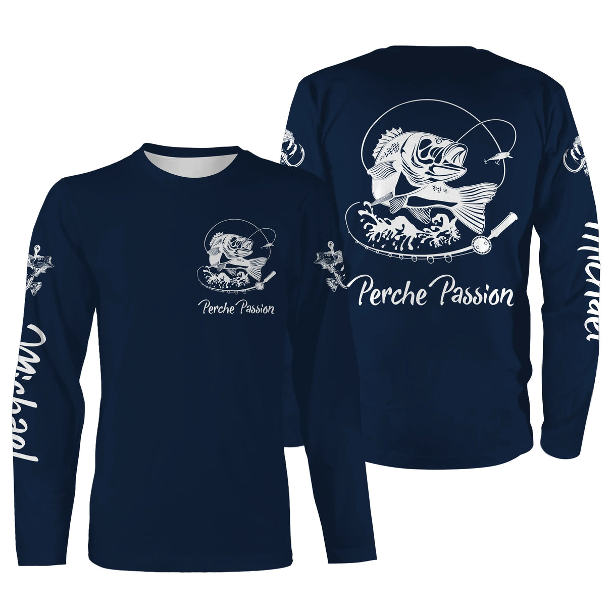 Sweat capuche pêche perche bleu marine avec perche et leurre stylisé blanc