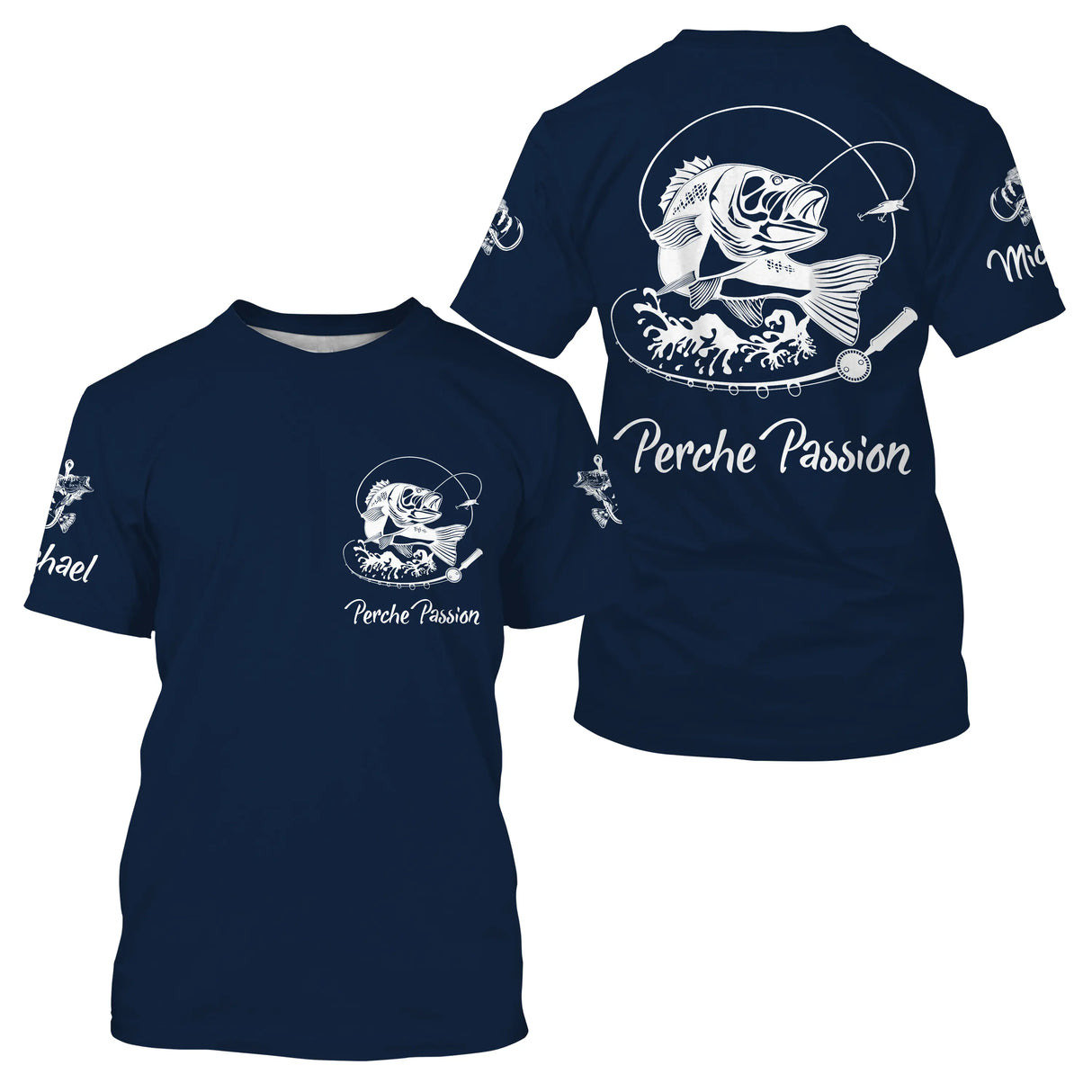 T-shirt col rond pêche perche bleu marine perche zébrée blanche en attaque