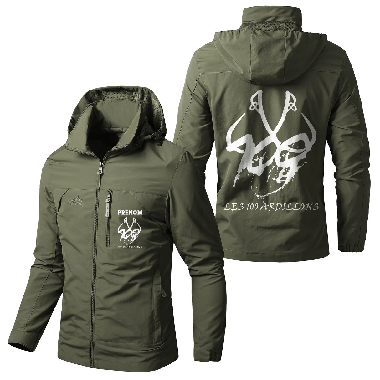 Veste pêche vert kaki à capuche avec écusson 100 Ardillons, illustration carpe et inscription CARPISTE, prénom personnalisé