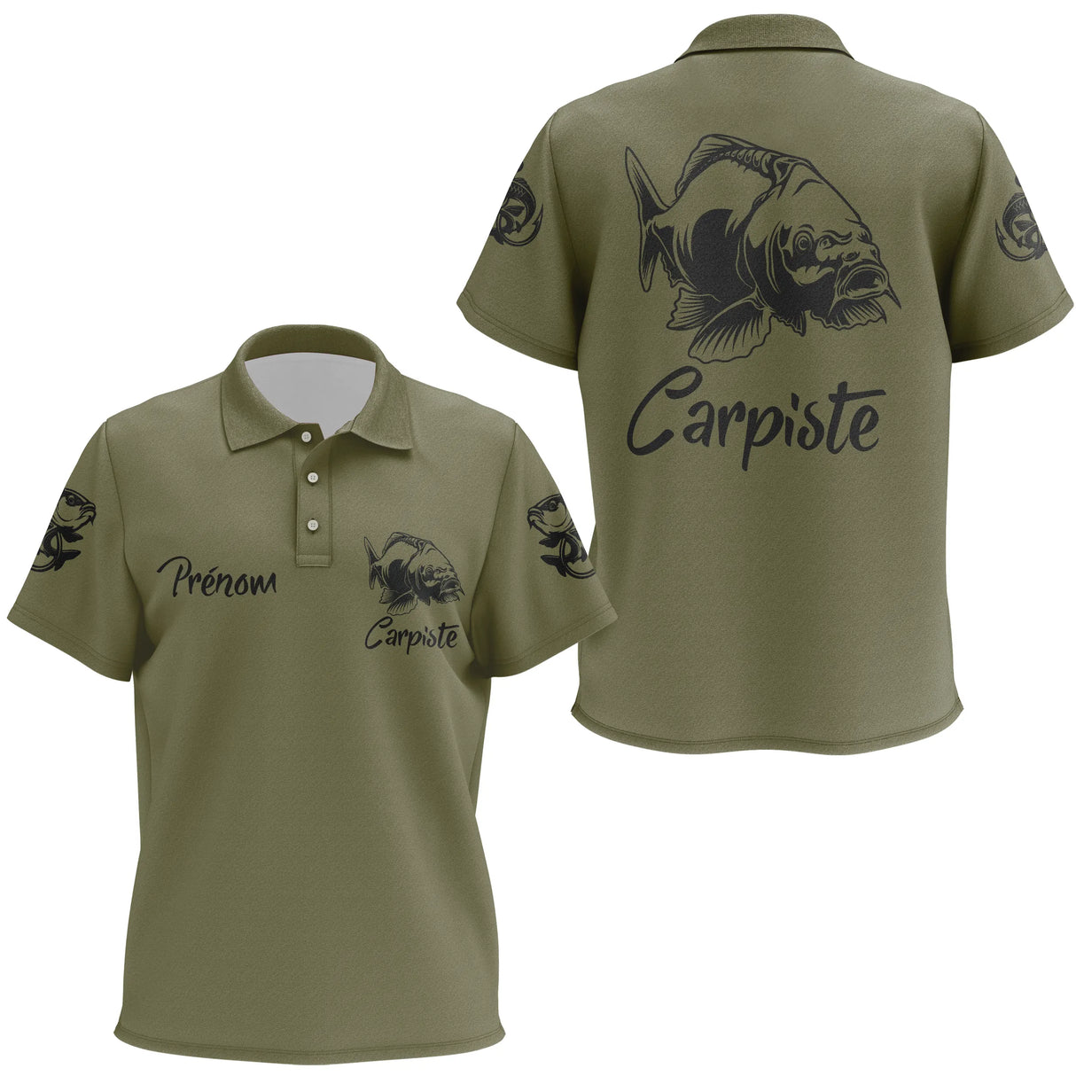 T-shirt pêche carpiste vert kaki vue dos illustration carpe stylisée Carpiste design halieutique