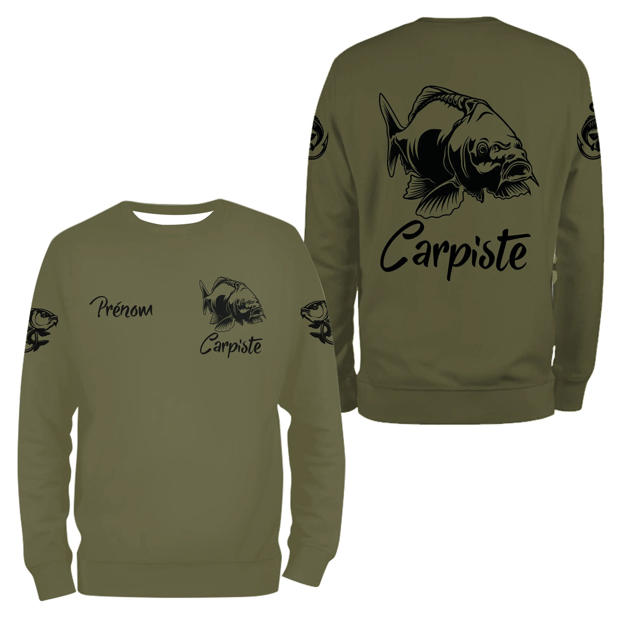 T-shirt pêche carpiste vert kaki vue manche prénom personnalisé sublimation Carpiste halieutique
