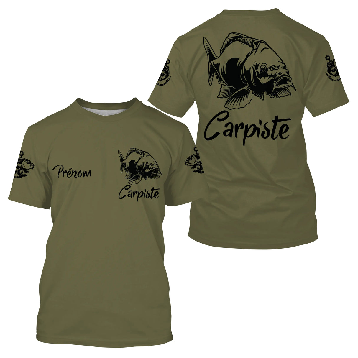 T-shirt pêche carpiste vert kaki illustration carpe stylisée Carpiste prénom manche personnalisé