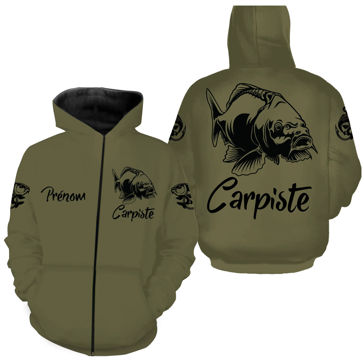 Sweat capuche pêche carpiste vert kaki vue dos illustration carpe Carpiste design halieutique