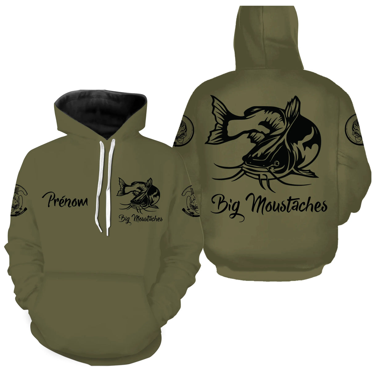 T-shirt pêche silure vert kaki vue manche prénom texte personnalisé sublimation halieutique