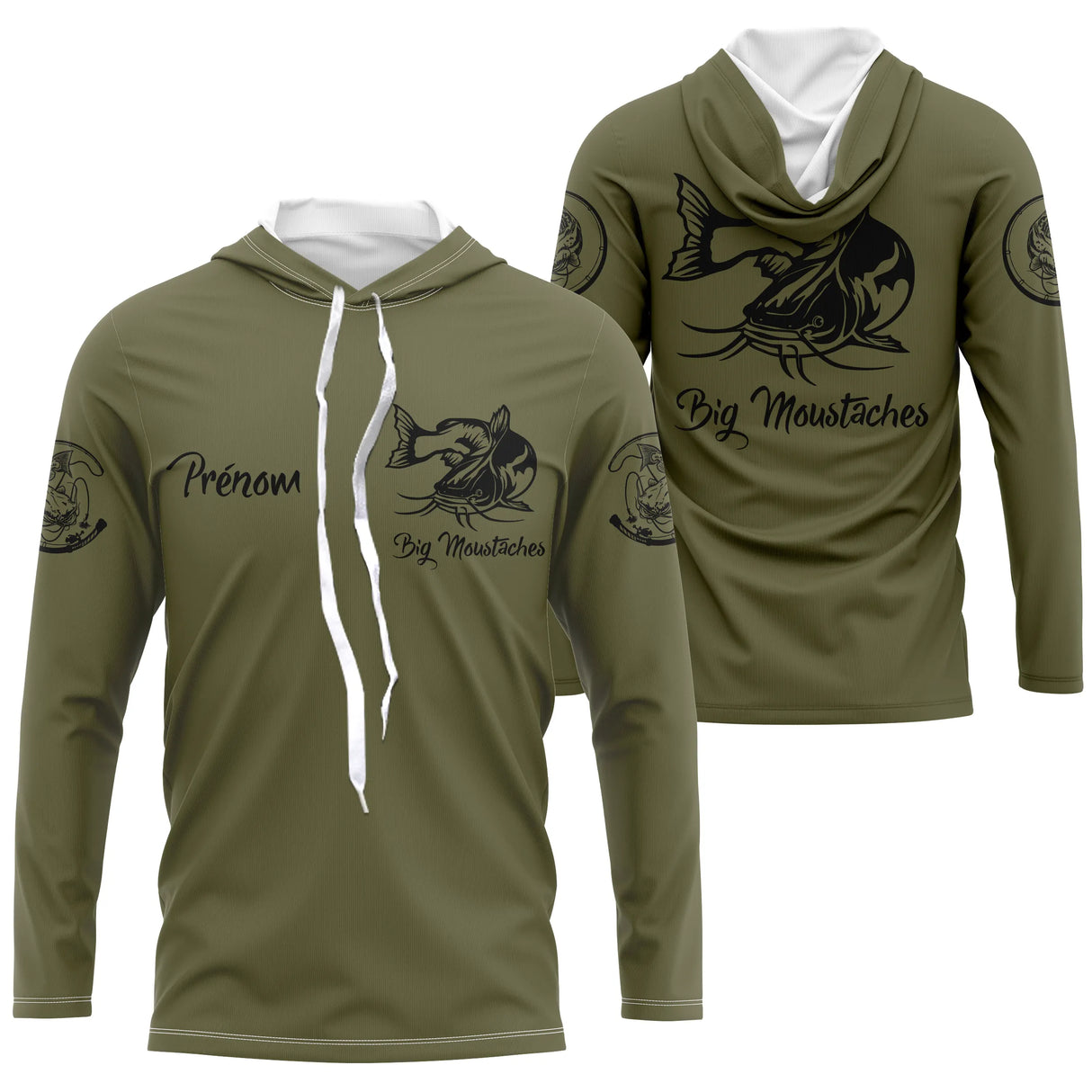 Sweat capuche pêche silure vert kaki Big Moustaches prénom personnalisable poche kangourou