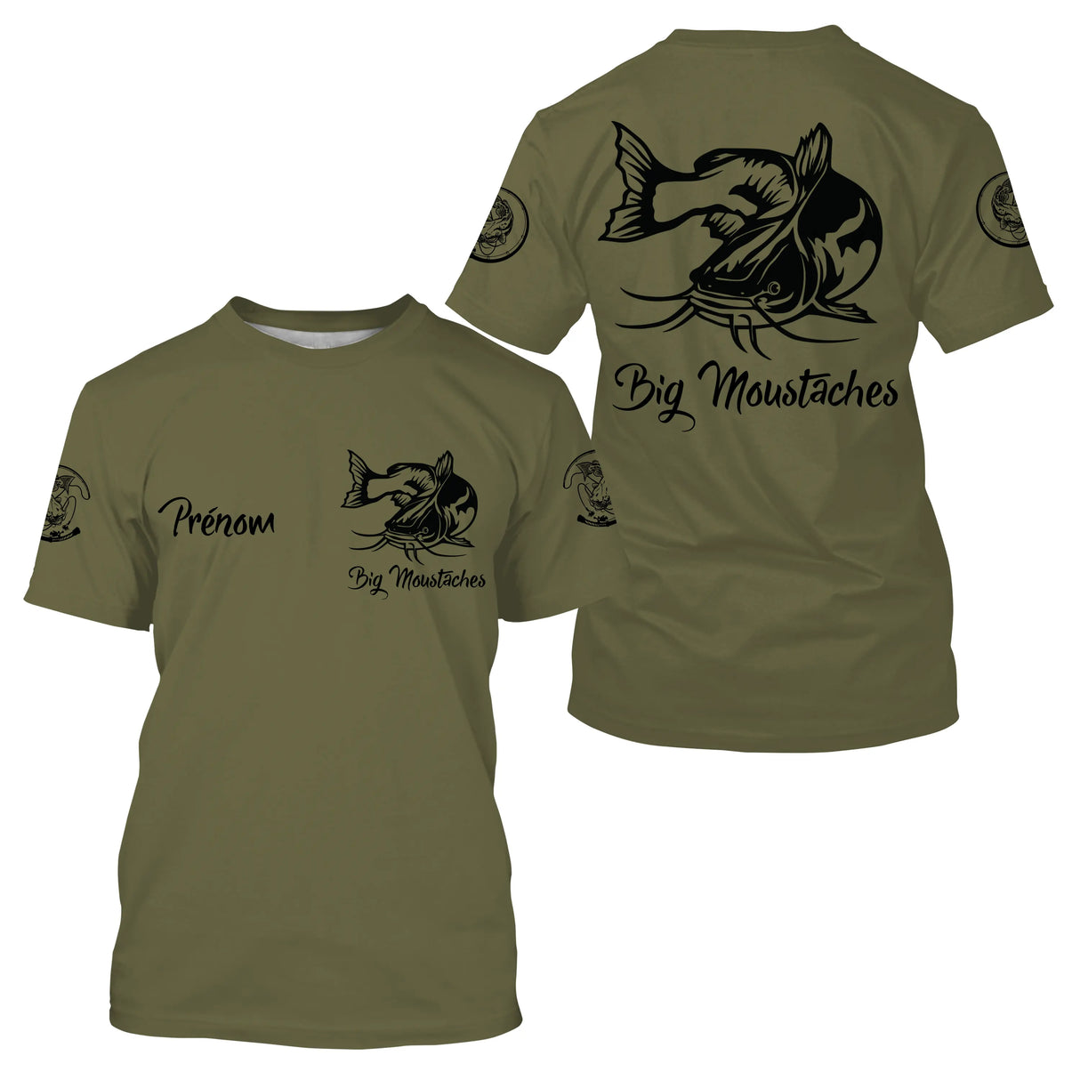 T-shirt pêche silure vert kaki illustration silure barbillons Big Moustaches prénom manche personnalisé
