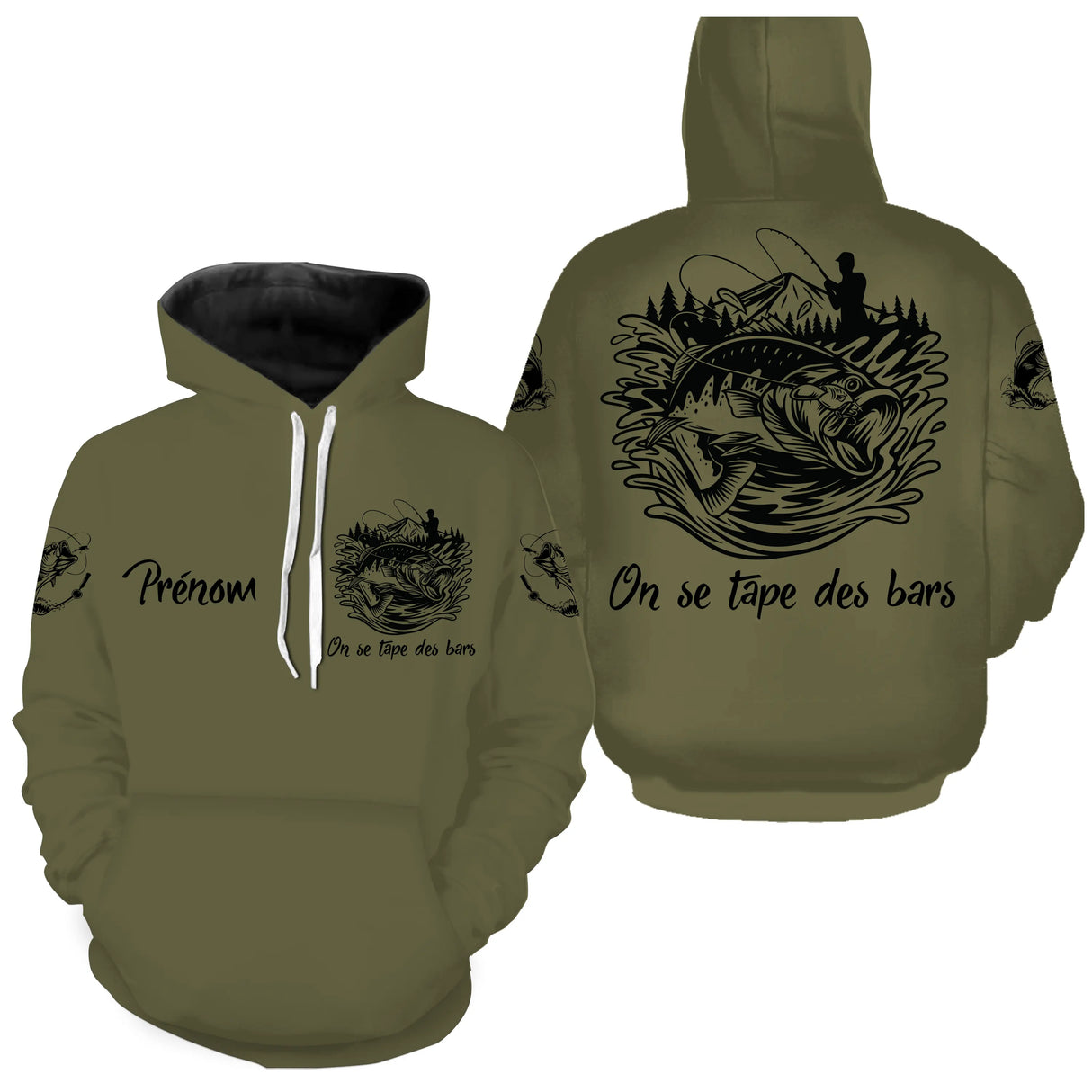 Anti-UV à capuche t-shirt pêche du bar vert olive, tenue pêche côtière avec prénom personnalisé