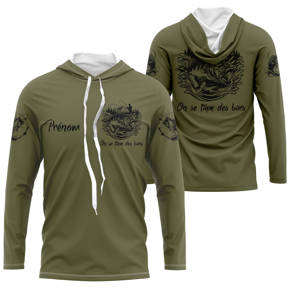 Anti-UV manches longues t-shirt pêche bar kaki, vêtement pêcheur côtier humour personnalisé