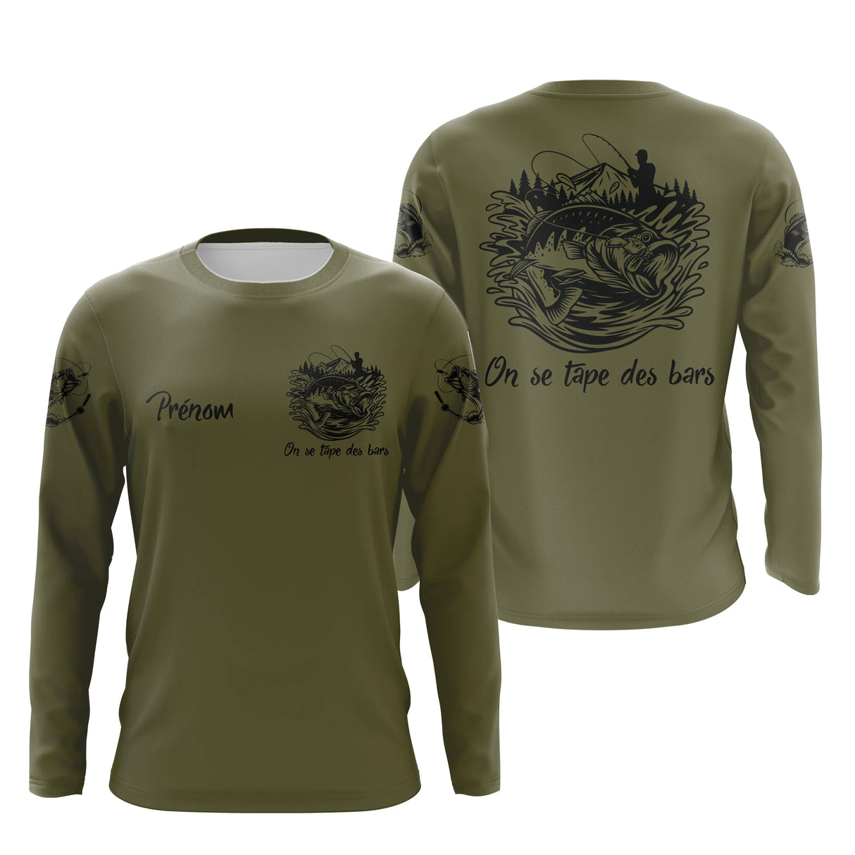 Sweat à capuche pêche du bar vert kaki, design halieutique humoristique personnalisé