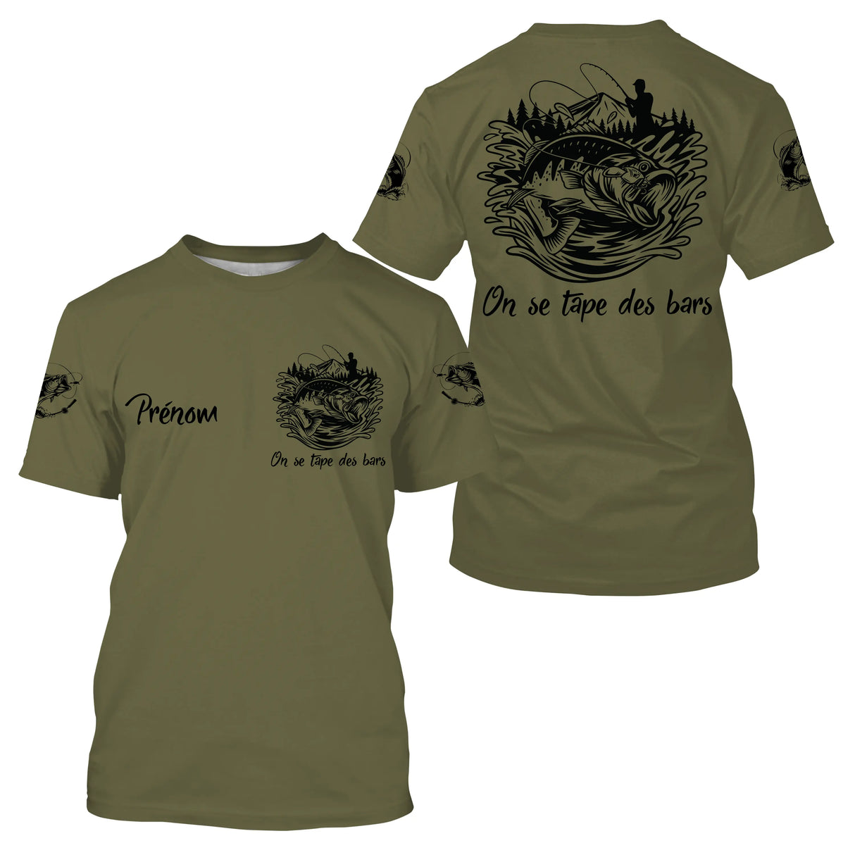 T-shirt pêche bar kaki olive avec slogan humour On Se Tape Des Bars et illustration de bar européen, prénom imprimé