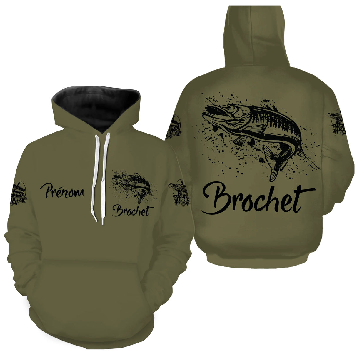 Anti-UV à capuche t-shirt pêche du brochet vert olive, tenue pêche au gros avec prénom personnalisé