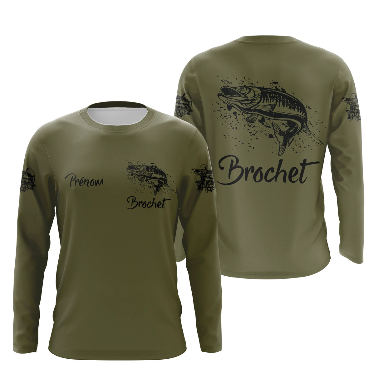 Sweat à capuche pêche du brochet vert kaki, design halieutique sobre personnalisé