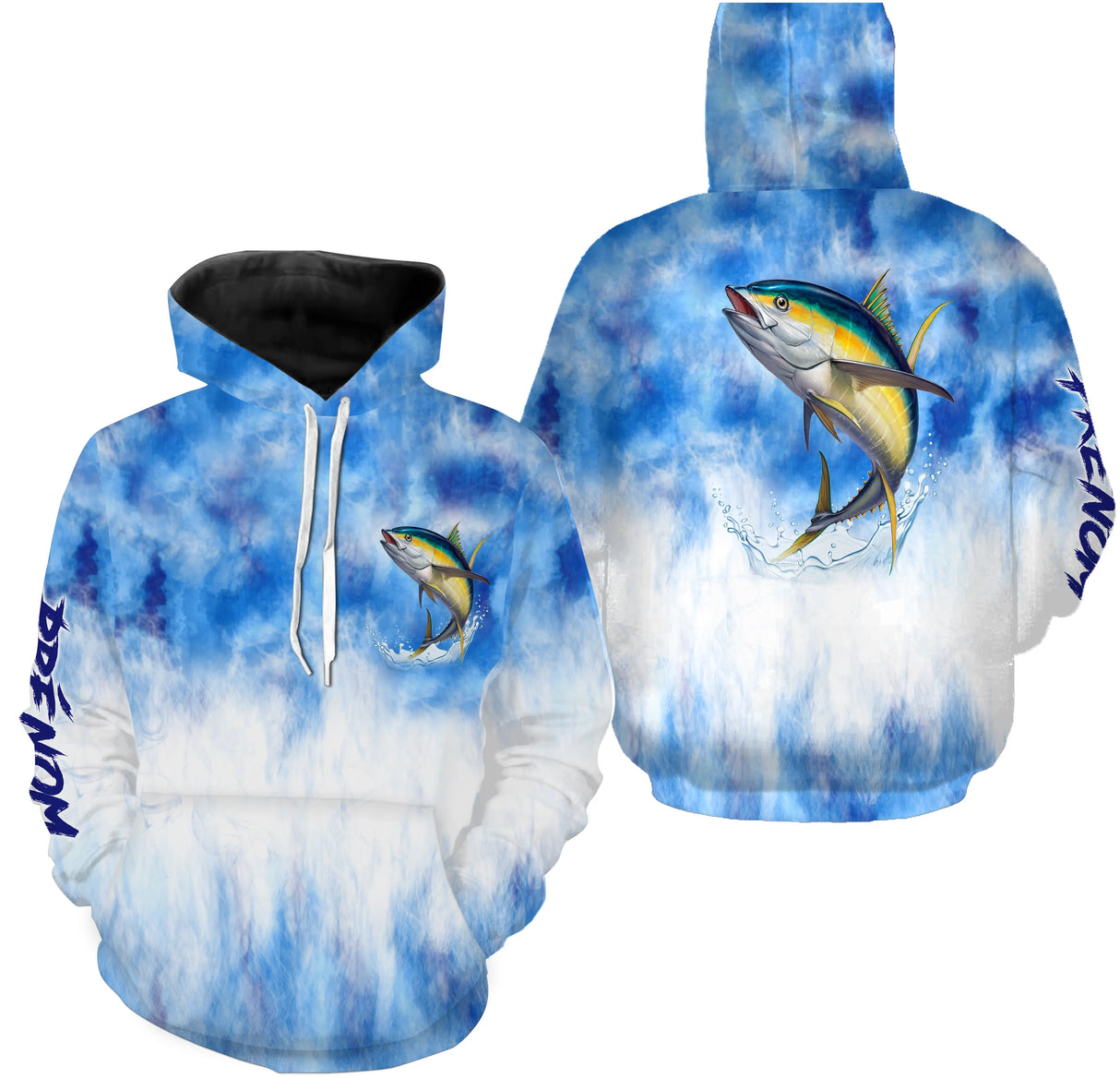 Anti-UV à capuche t-shirt pêche au thon bleu ciel, tenue pêche en haute mer avec prénom personnalisé