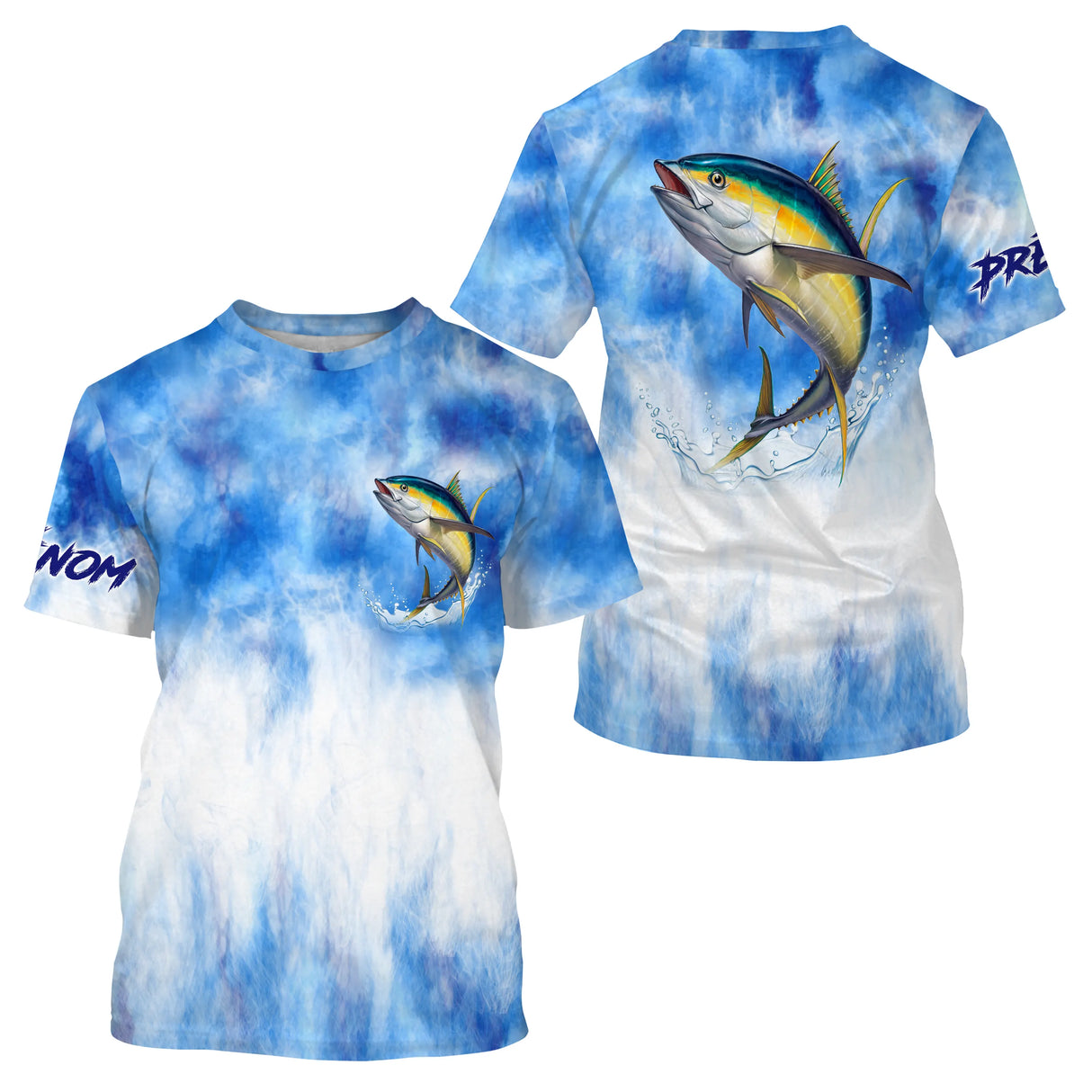 T-shirt pêche thon mer bleu ciel blanc avec illustration aérienne de thon en bond, prénom imprimé sur la manche