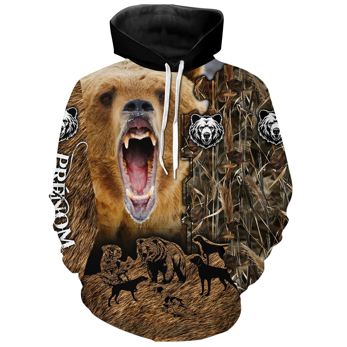 T-shirt all-over marron unisexe avec ours rugissant féroce et silhouettes loups, prénom personnalisé