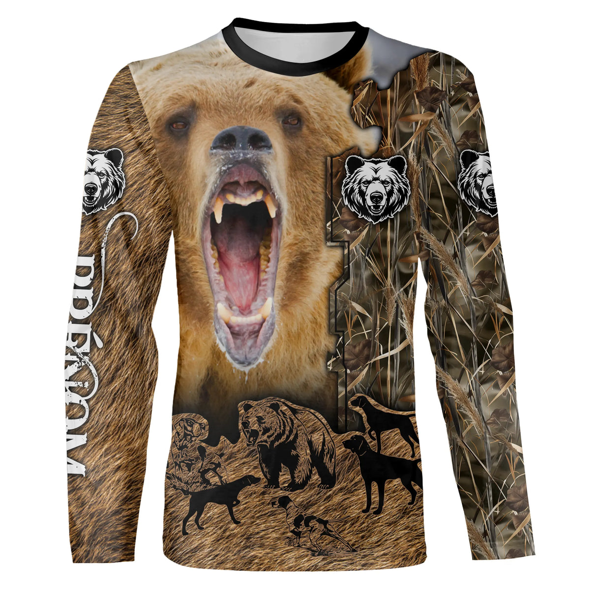 T-shirt all-over marron unisexe avec ours rugissant féroce et silhouettes loups, prénom personnalisé