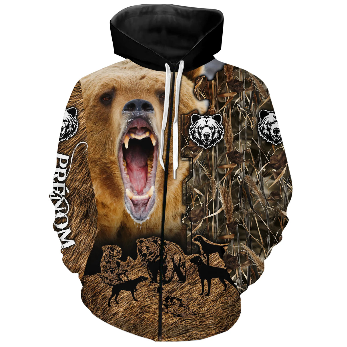 T-shirt all-over marron unisexe avec ours rugissant féroce et silhouettes loups, prénom personnalisé