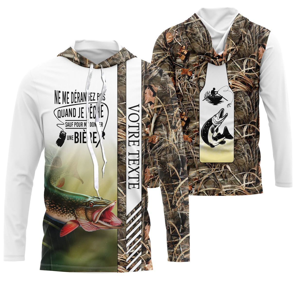 Sweat à capuche pêche brochet camouflage brun roseaux brochet vert slogan bière personnalisable vue avant