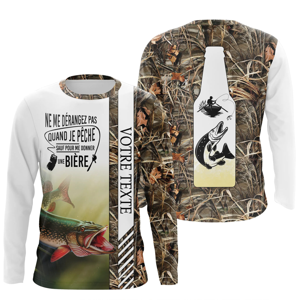 Hoodie pêche brochet camouflage brun zone texte personnalisable brochet rivière vue dos