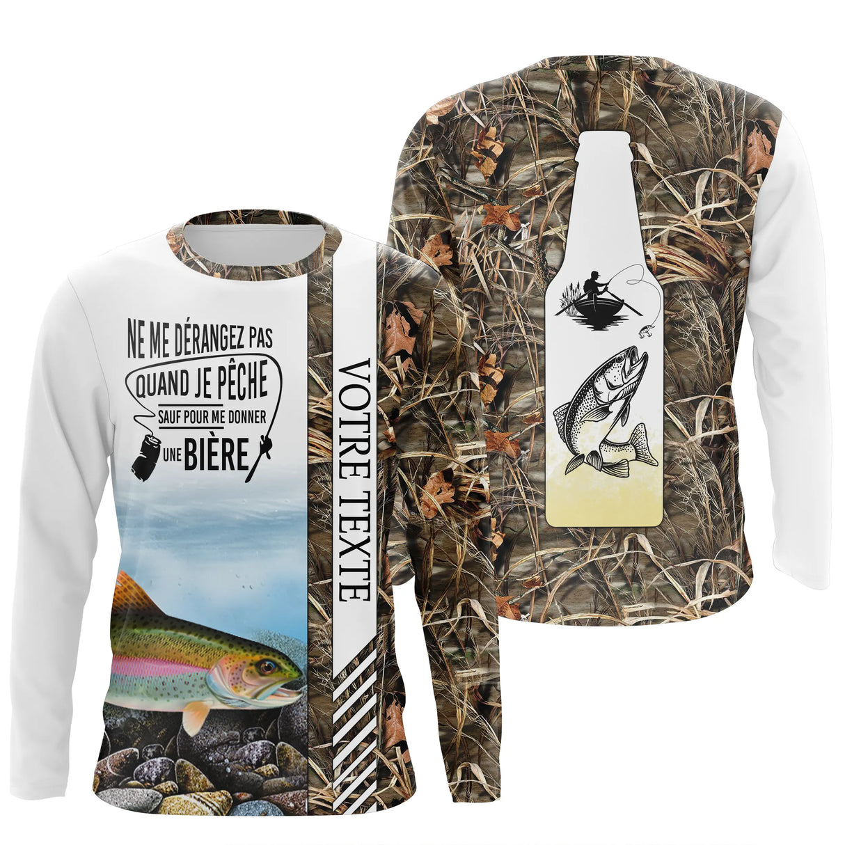 Hoodie pêche truite camouflage brun zone texte personnalisable salmonidé rivière galets vue dos