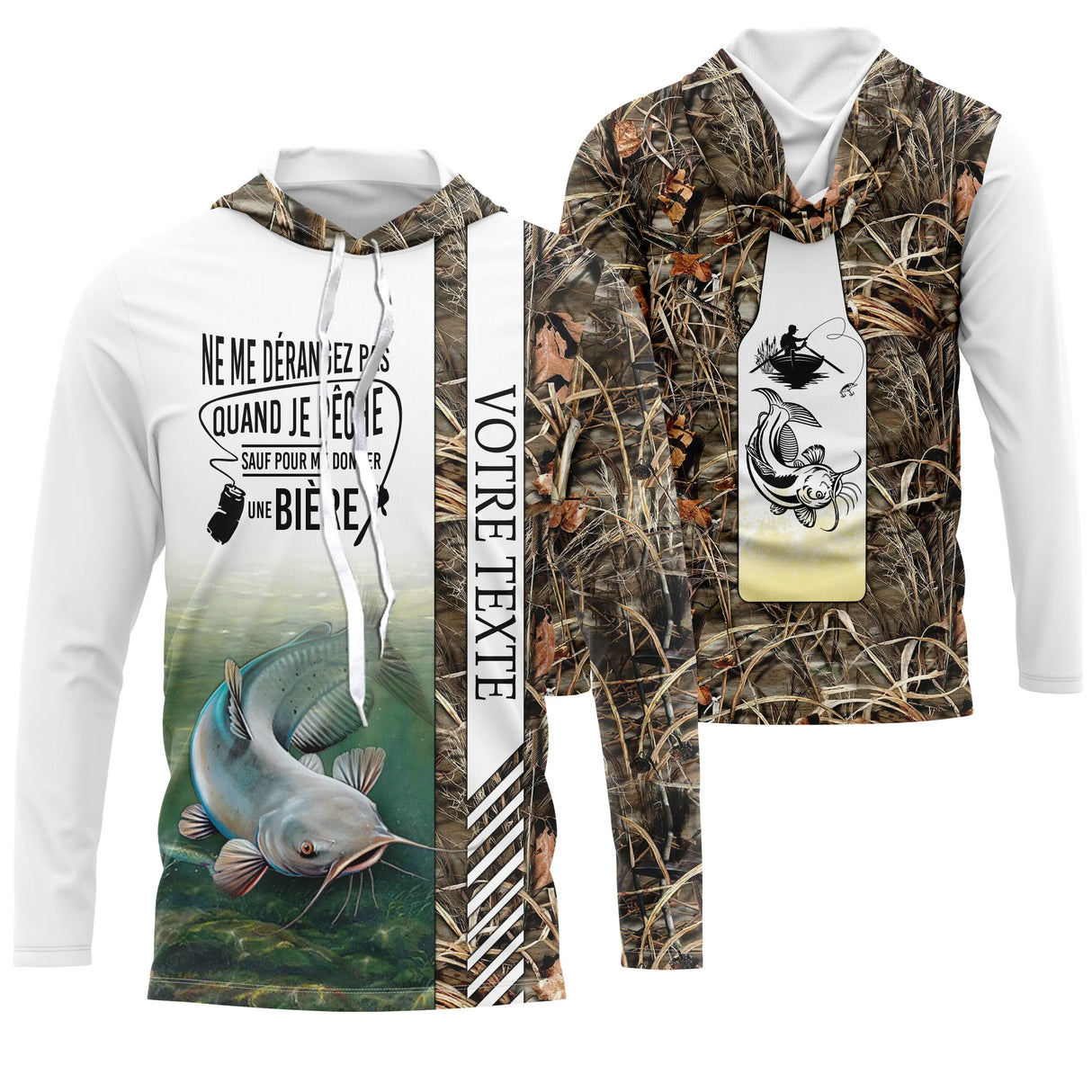 Sweat à capuche pêche silure camouflage brun roseaux silure profond slogan bière personnalisable vue avant