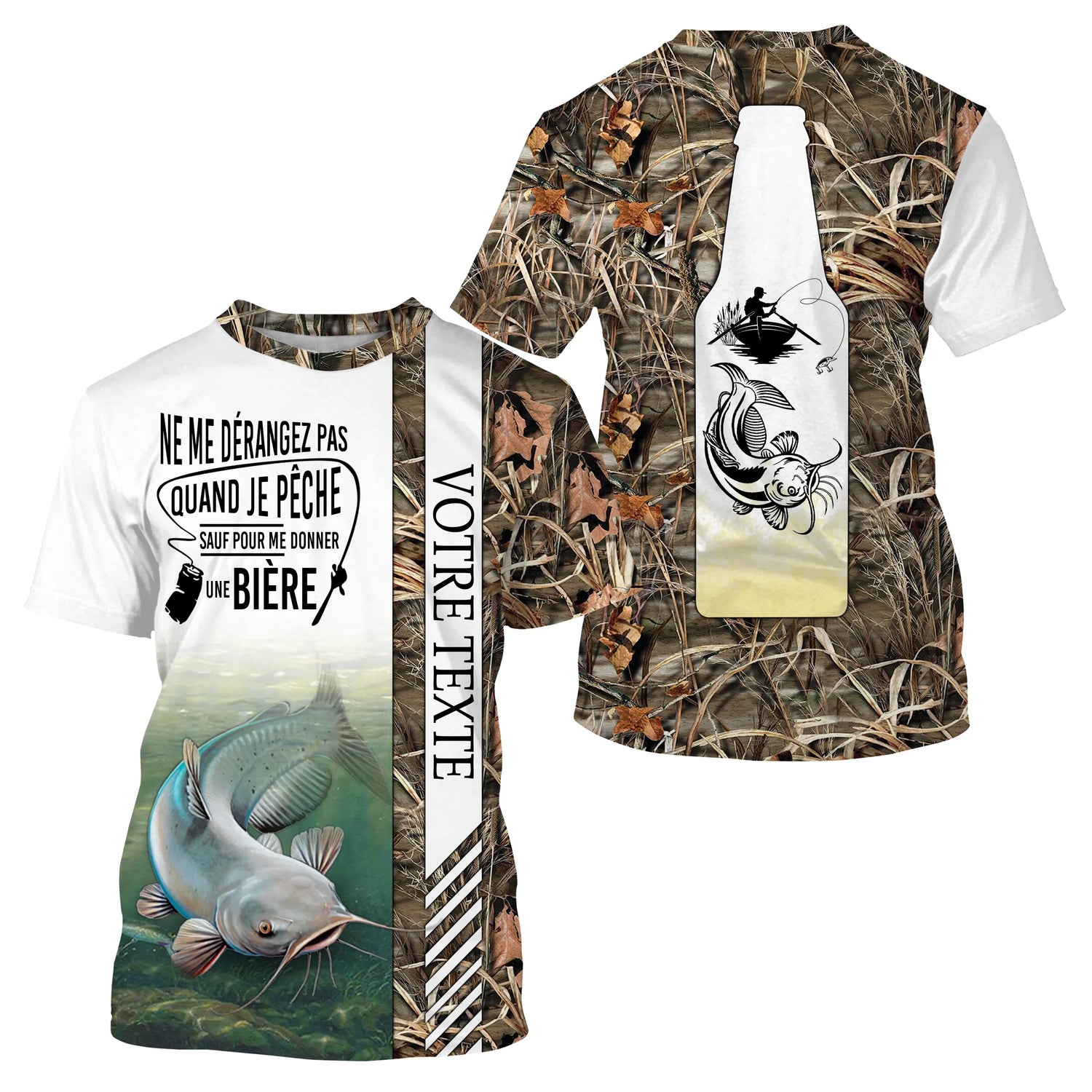 Pêche du Silure, Catfish, Poisson de Chat, Cadeau Personnalisé Pêcheur, Tee shirt All-Over, Vêtements Anti-UV, Motif Camouflage, Bière - CTS23052214 T-shirt All Over Col Rond Unisexe