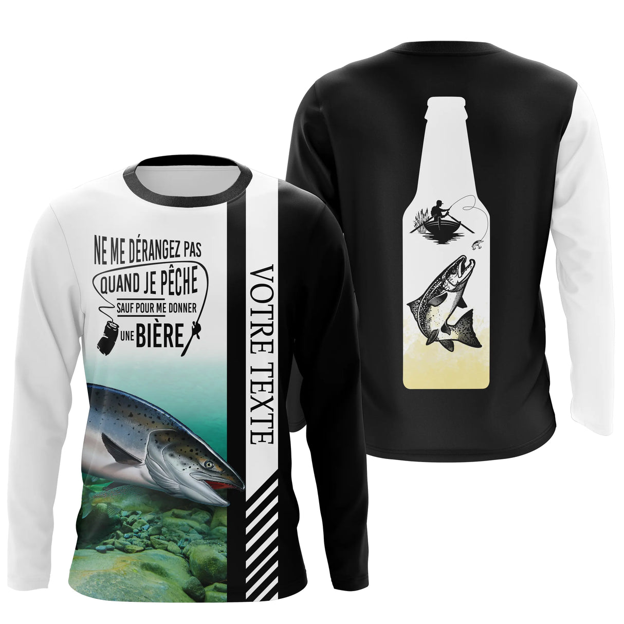 Hoodie pêche saumon noir blanc capuche zone Votre Texte motif salmonidé vue dos