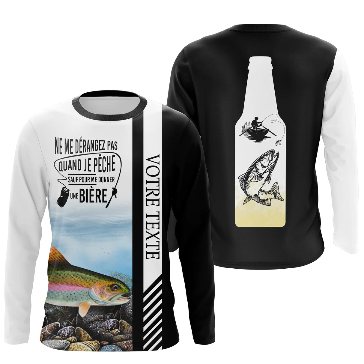 Hoodie pêche truite noir blanc capuche zone Votre Texte motif salmonidé galets vue dos