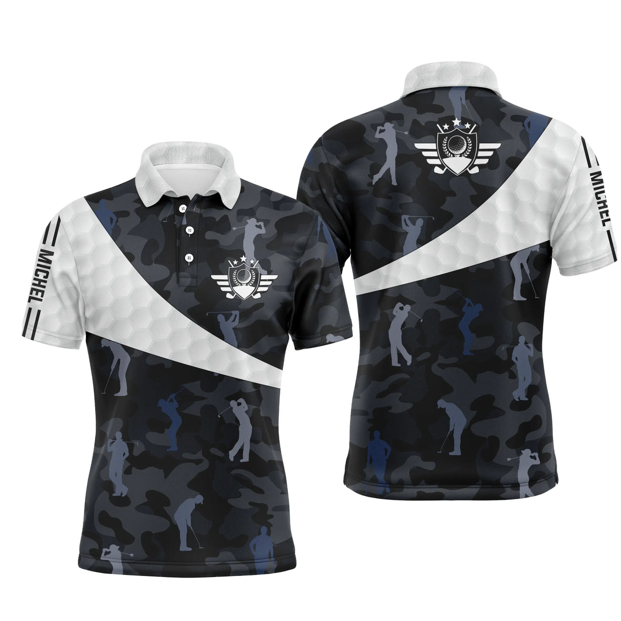 Polo golf homme camouflage bleu noir prénom Miguel silhouettes golfeurs swing vue avant