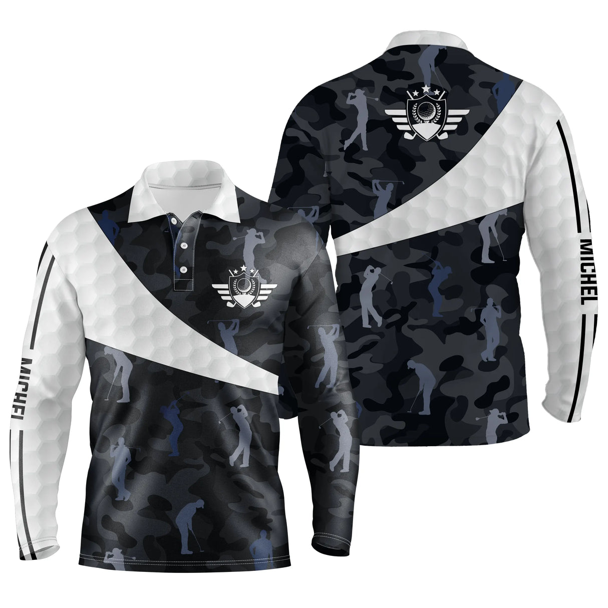 Polo golf manches longues unisexe camouflage bleu noir golfeurs alignés prénom personnalisable