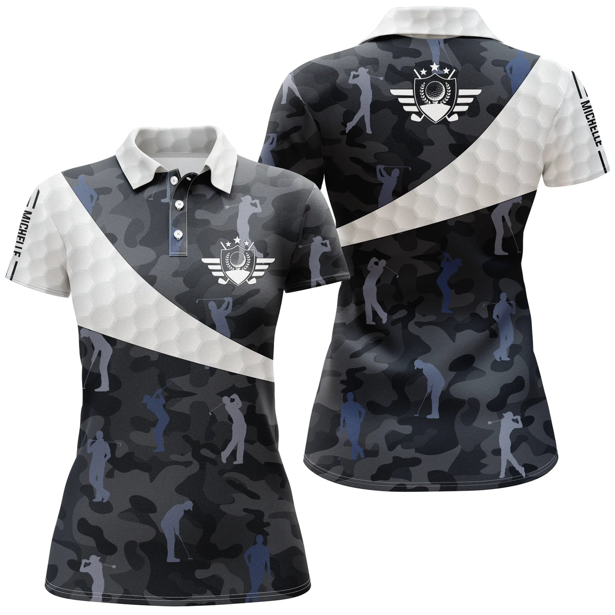 Polo golf femme camouflage bleu noir blanc silhouettes joueurs personnalisable vue dos