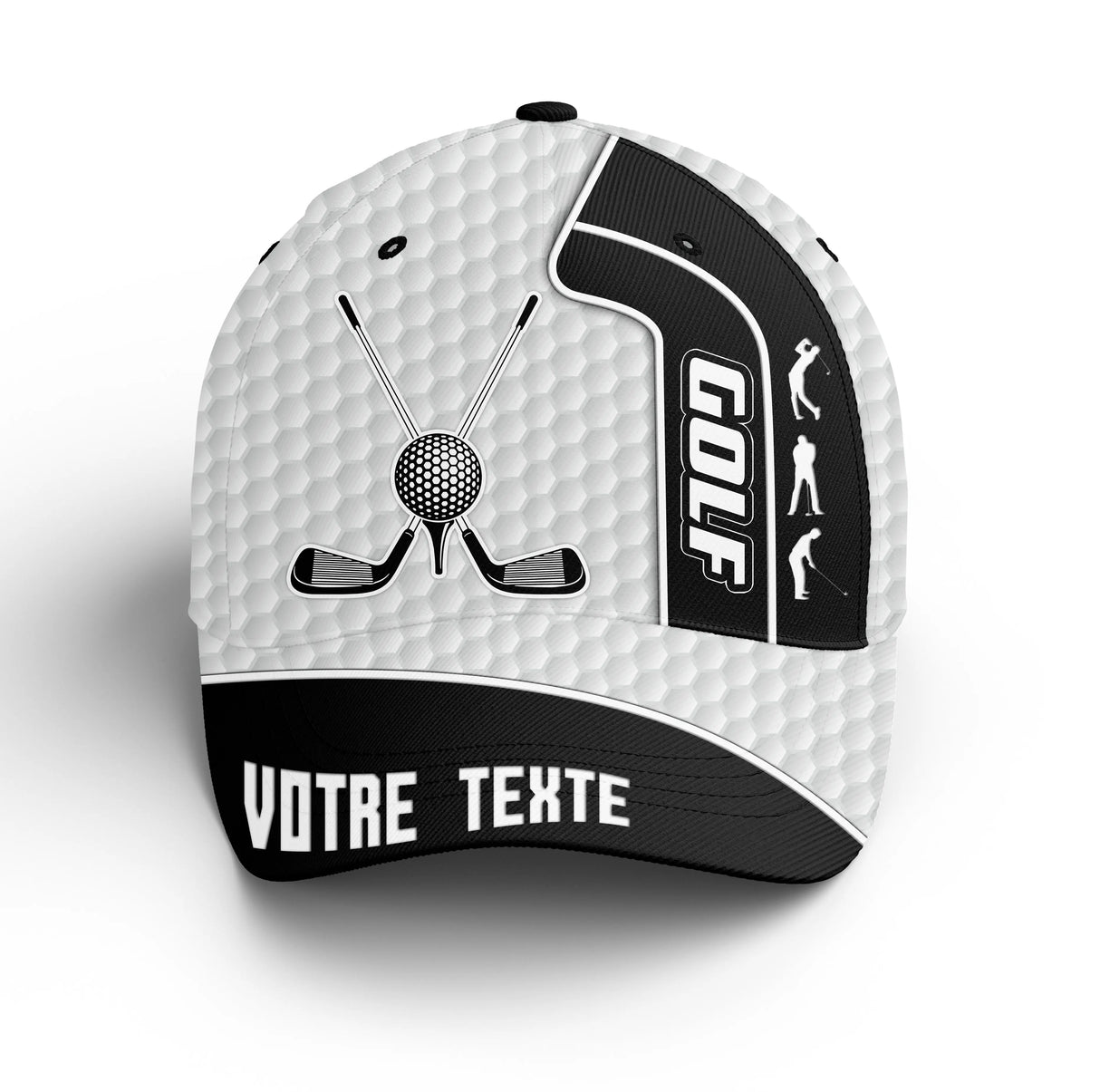 Casquette golf Pro-Style noir blanc balles golf clubs croisés texte devant broderie unisexe personnalisable