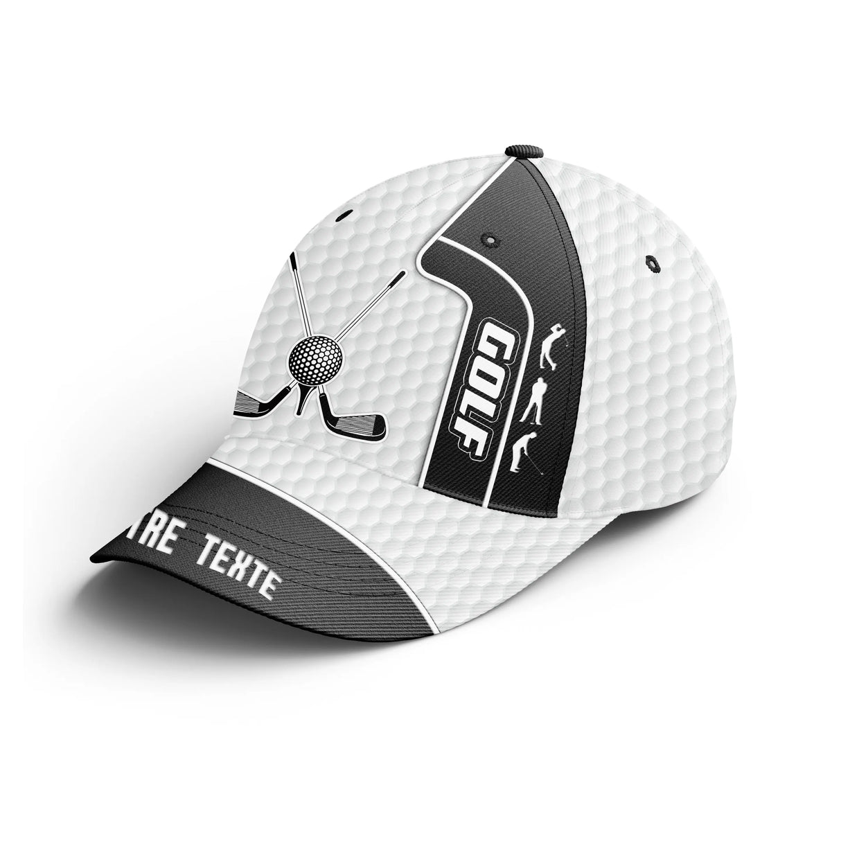 Casquette golf Pro-Style noir blanc clubs balles texte brodé devant unisexe personnalisable