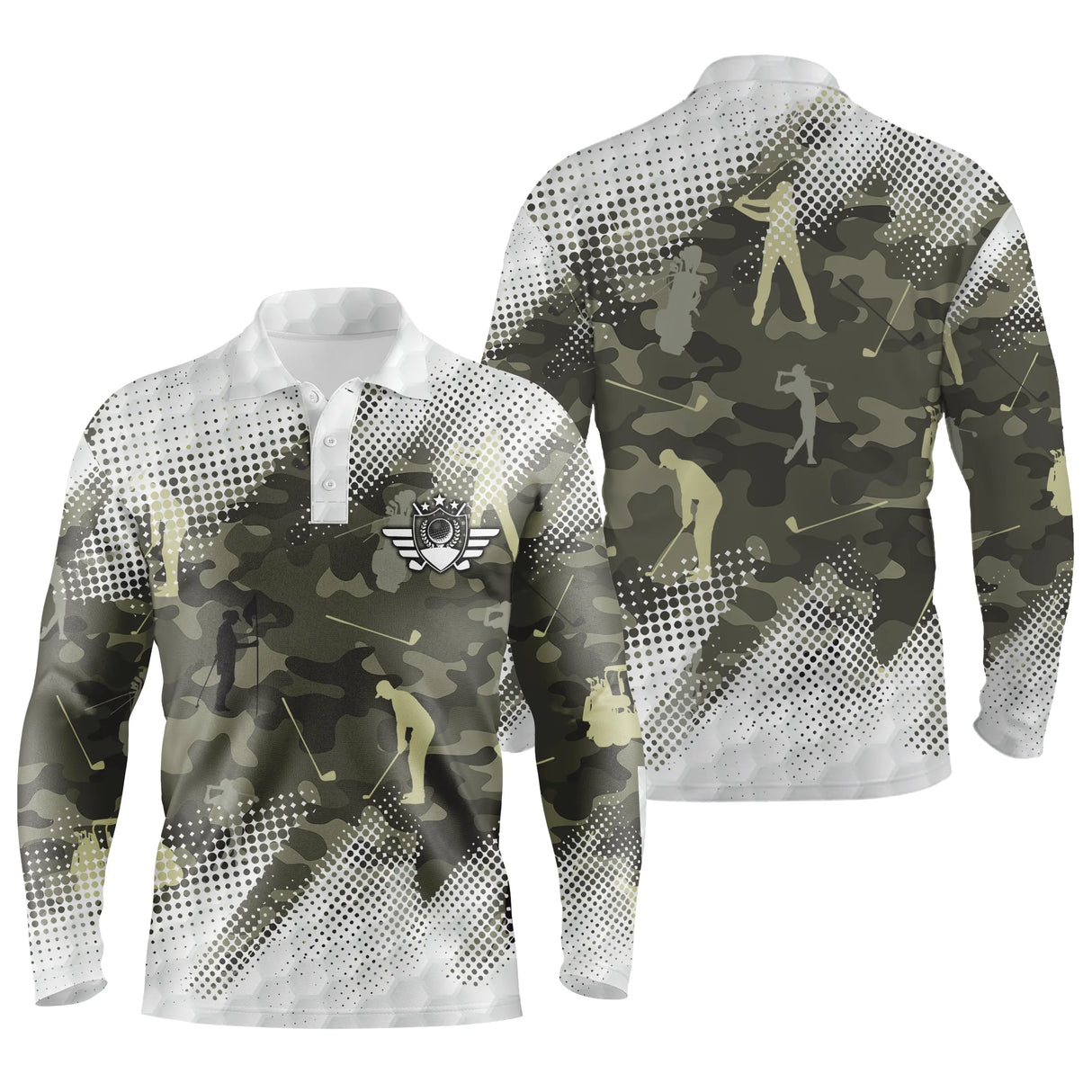 Polo de golf manches longues unisexe camouflage vert kaki et jaune doré silhouettes golfeurs parcours frais
