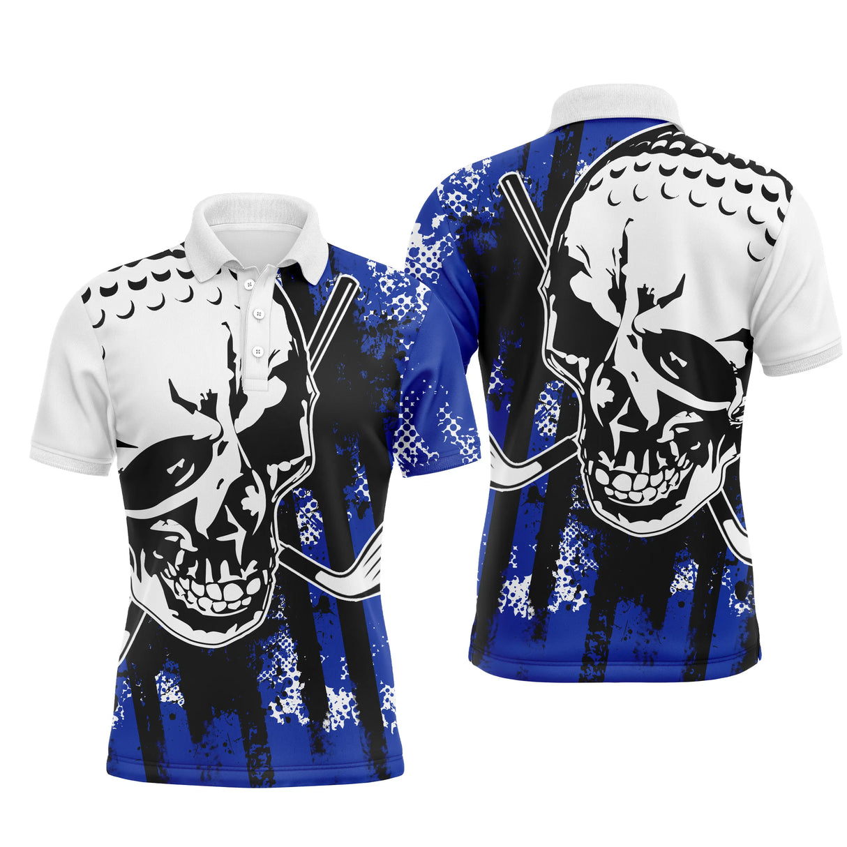 Polo de golf homme bleu royal personnalisé avec crâne stylisé et clubs de golf croisés