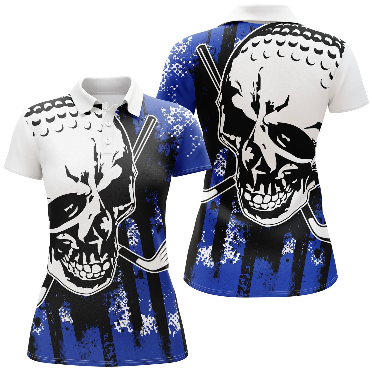 Polo de golf femme bleu royal avec tête de mort et clubs de golf coupe ajustée