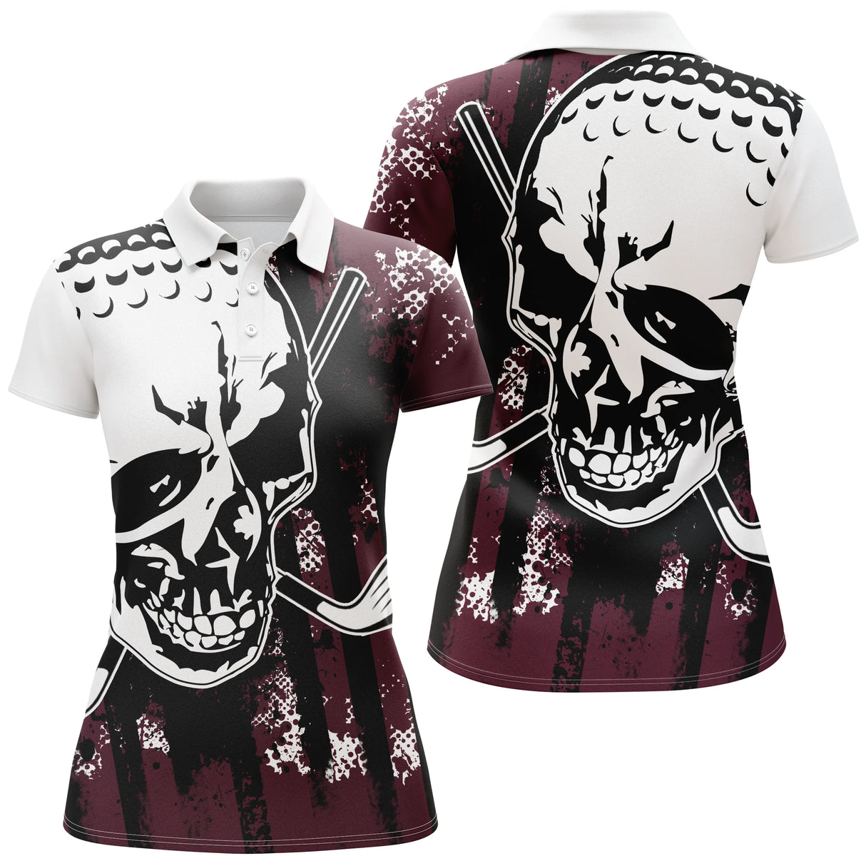 Polo de golf femme bordeaux avec tête de mort et clubs de golf coupe ajustée féminine