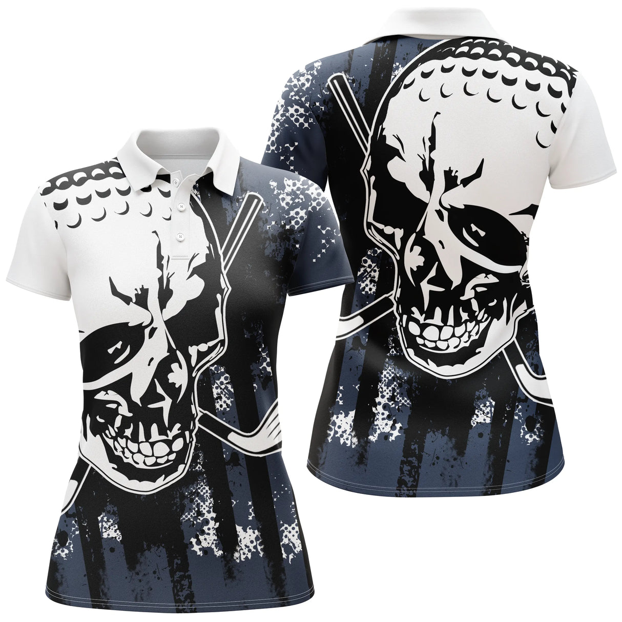 Polo de golf femme bleu marine avec motif crâne et clubs croisés coupe cintrée