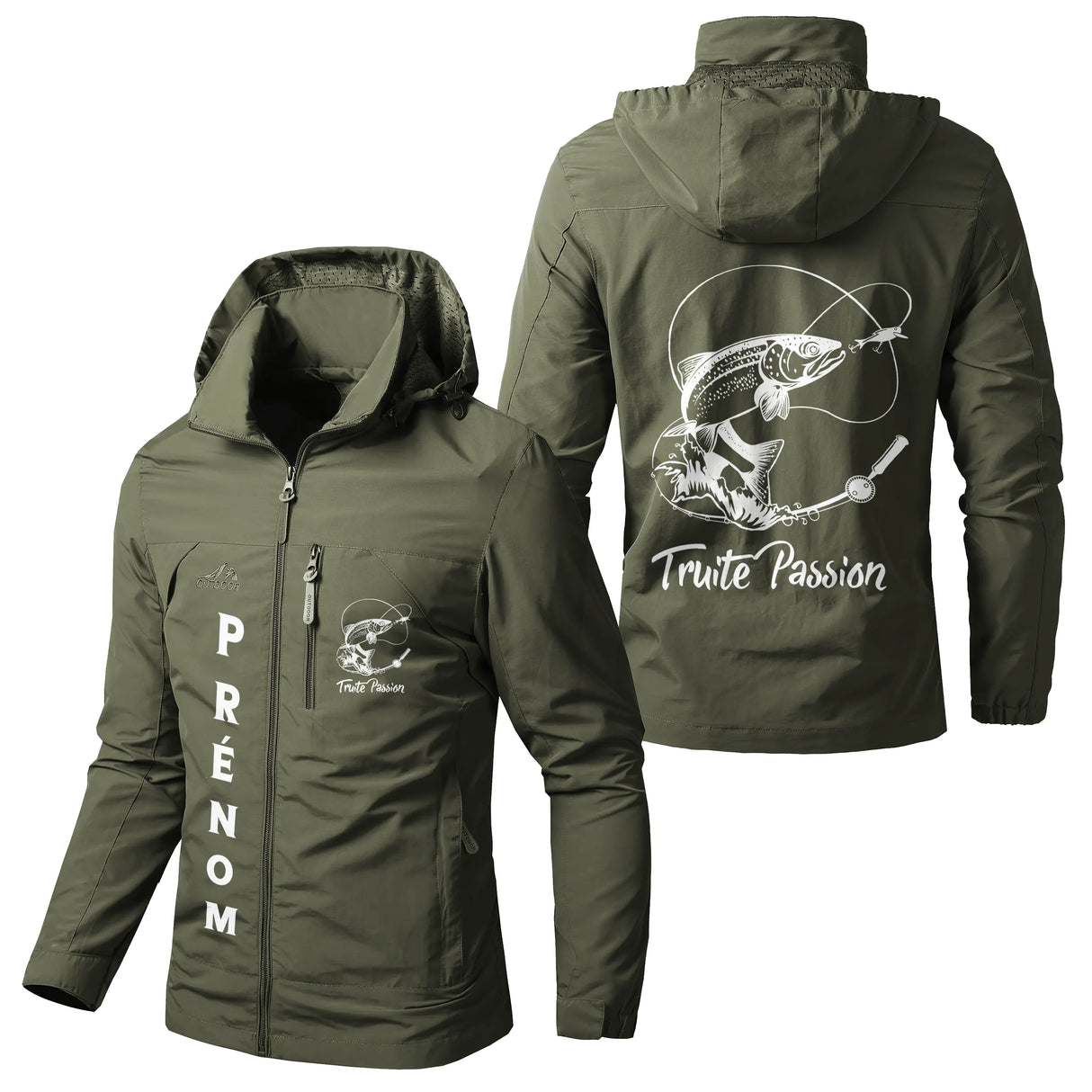 Veste pêche vert kaki à capuche avec illustration truite et écusson Truite Passion, prénom et logo torse personnalisés