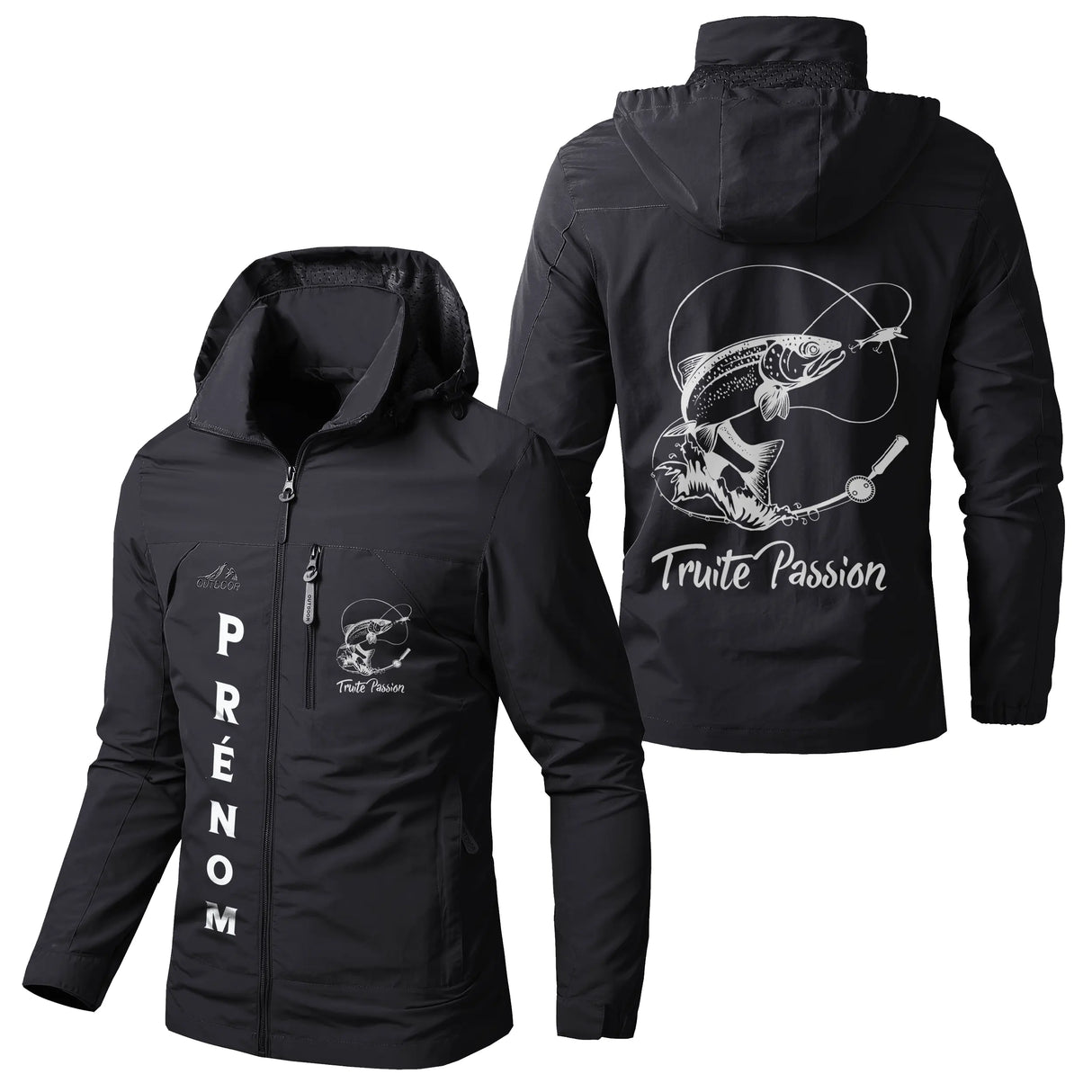 Veste pêche noire à capuche avec motif truite passion, prénom personnalisé