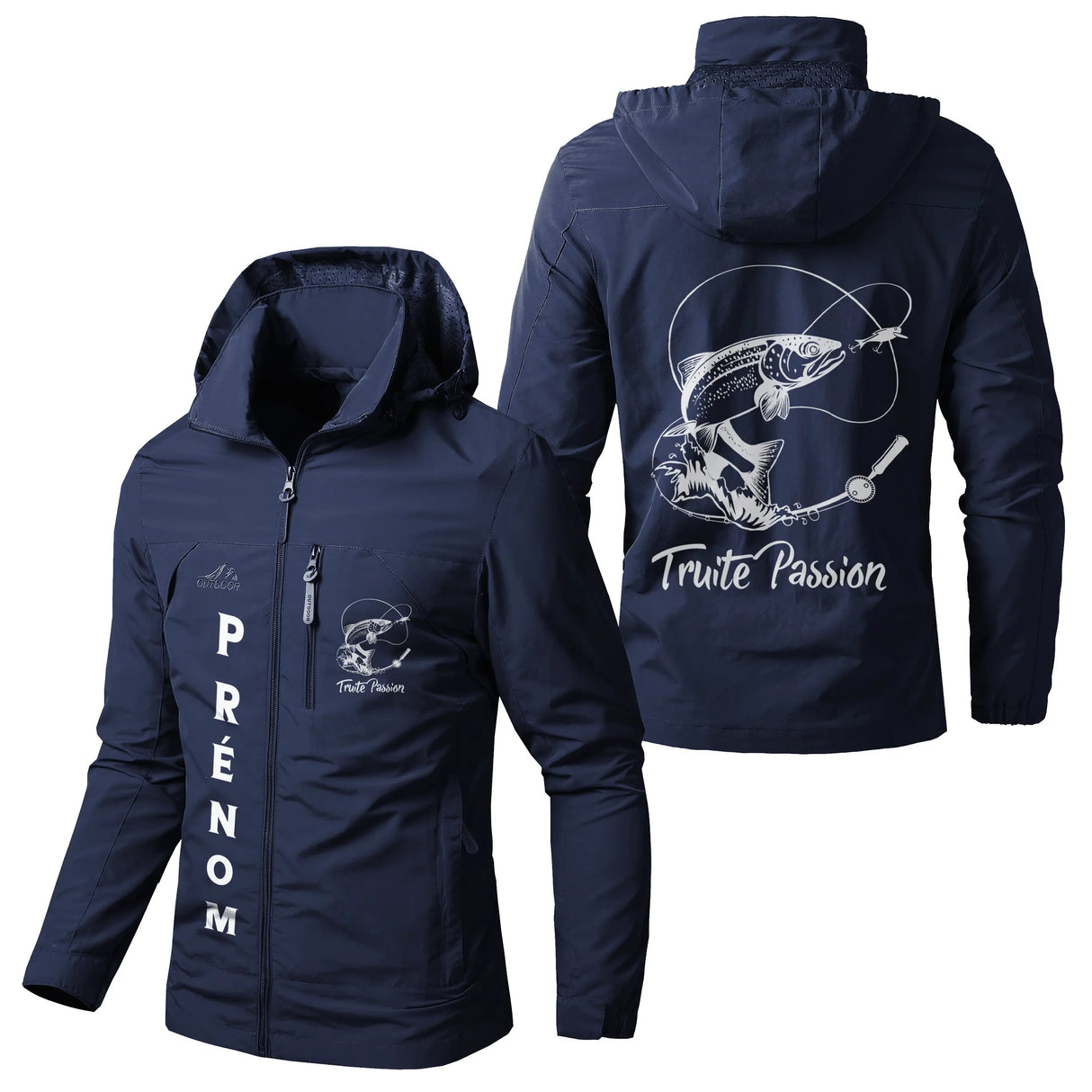 Veste pêche vert militaire à capuche avec truite et écusson, prénom personnalisé