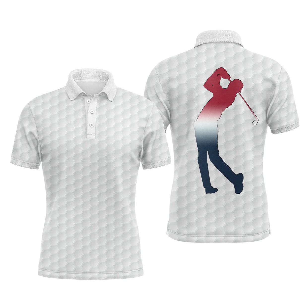Polo de golf motifs balle alvéolée intégrale et silhouette golfeur en swing rouge et bleu marine au dos, coupe homme et femme