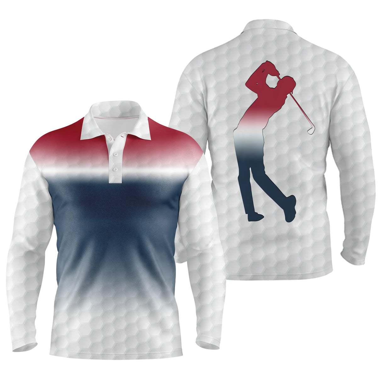 Polo de golf manches longues unisexe dégradé rouge bleu marine silhouette golfeur swing